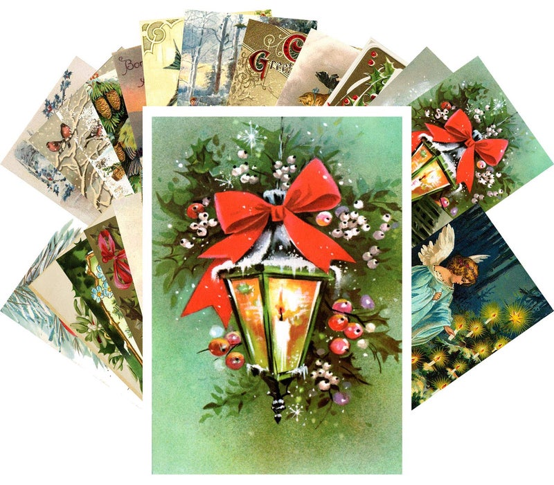 PIXILUV Vintage Christmas Greeting Cards 24pcs Christmas Tree Wreath Garland Ornaments Reprint Postcard Set - Image 1